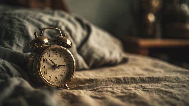 寝室の布団に置かれた古い目覚まし時計