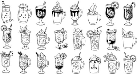 Hand-drawn winter holiday drinks and cocktails collection. Outline sketch set of festive hot beverages, iced drinks, and cocktails with mint, lemon, and candy canes.