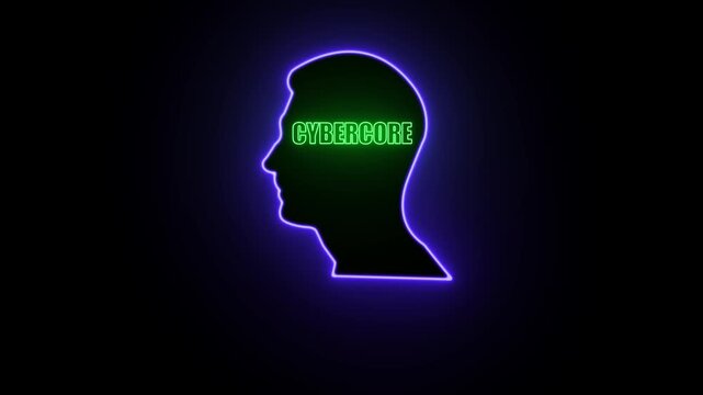 Silhouette of a human head with the word CYBERCORE in neon green inside, outlined in neon purple against a black background