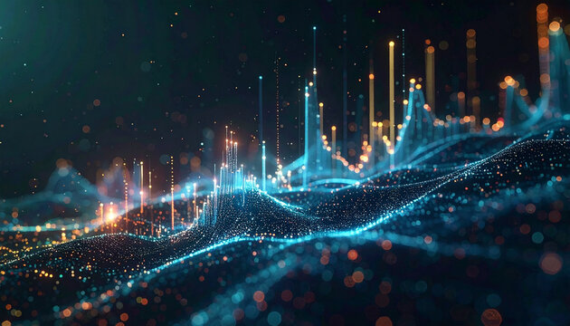 Digital data visualization: Abstract digital landscape featuring luminous data streams, creating an immersive, futuristic ambiance. A vibrant and intricate display of data and information flow