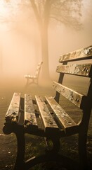 A solitary wooden park bench in a foggy setting with a large tree in the background and another bench faintly visible in the distance, creating a peaceful and mysterious atmosphere
