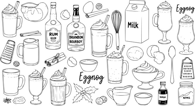 Hand-drawn Eggnog Recipe Elements Collection: Holiday Drink Ingredients, Bottles, Eggs, Milk  Kitchen Tools Line Art Sketch