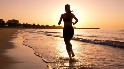 Silhouette of a woman jogging on the beach at sunset enjoying a healthy lifestyle and outdoor exercise.