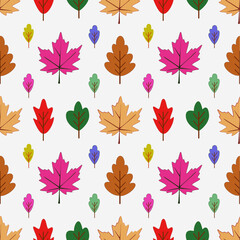 Colorful leaf pattern with autumn vibe in pink, red, green, and brown tones