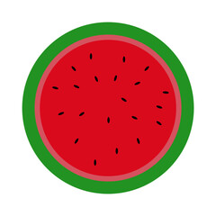 Fototapeta premium Red watermelon slice with black seeds and green rind, fresh summer fruit illustration