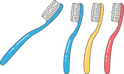 Toothbrush cartoon illustration set, colorful dental hygiene vector design, blue yellow red handles with white bristles, oral care icon pack © Its Marjia's World