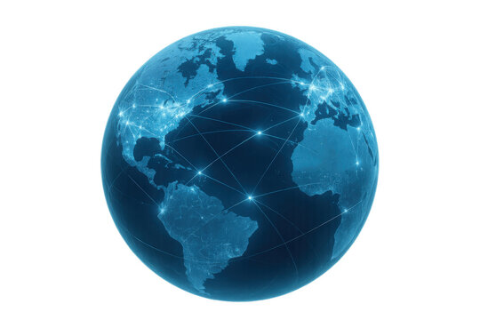 Blue globe showing a global network with glowing lines and points, representing worldwide communication, connectivity, and digital data exchange