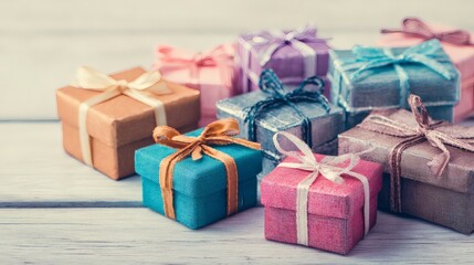 Colorful Small Gift Boxes with Ribbons on Wooden Background