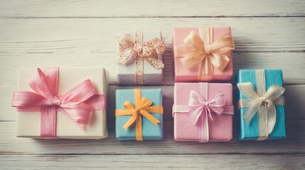 Beautifully Wrapped Gifts in Various Colors on Rustic Wooden Surface