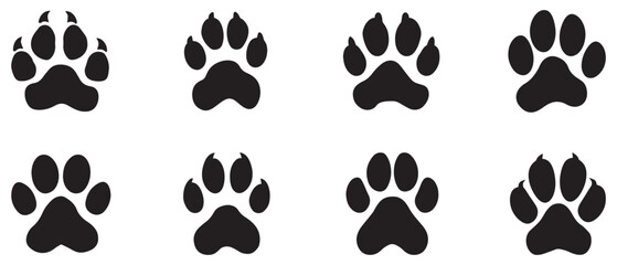 Fototapeta premium Animal paw prints black icon on a white background design.