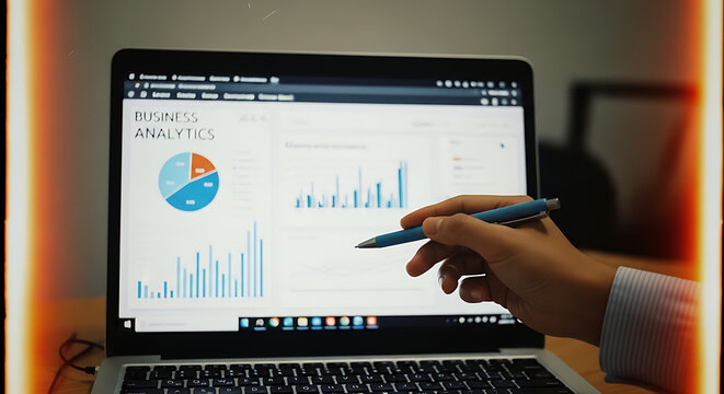 A person's hand holding a pen points at a laptop screen displaying business analytics dashboards with various charts and graphs, indicating data analysis.