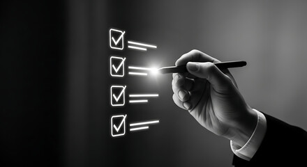Hand checking off glowing digital checklist items with a stylus, symbolizing task completion and efficient management on a dark background.