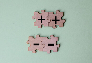 Opposites Concept, Plus and Minus Signs on Puzzle Pieces