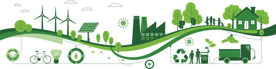 Sustainable community cartoon illustration, eco-friendly lifestyle concept, green energy and recycling visual, environmental harmony design, vector cityscape © Its Marjia's World