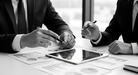 Two business professionals discussing financial data and documents on a tablet in a modern office setting, highlighting collaboration and strategy.