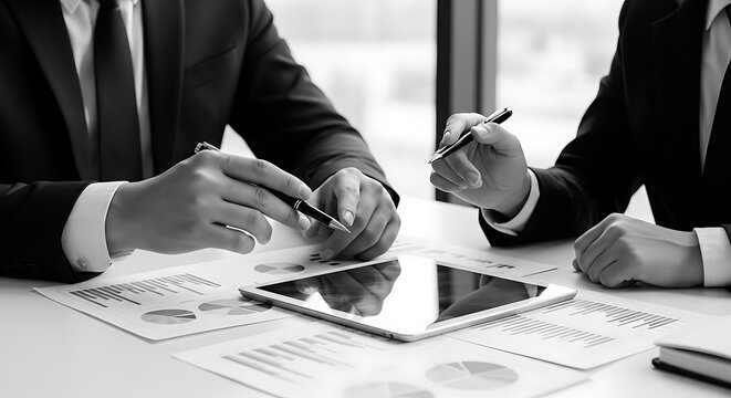 Two business professionals discussing financial data and documents on a tablet in a modern office setting, highlighting collaboration and strategy.