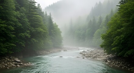 River flowing through forest landscape on a misty day nature scene