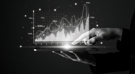 Person's hand interacting with a glowing holographic financial graph projected from a digital tablet, illustrating business analysis and data visualization.