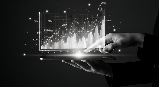 Person's hand interacting with a glowing holographic financial graph projected from a digital tablet, illustrating business analysis and data visualization.