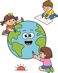 Cartoon children coloring smiling Earth, creative planet illustration, environmental awareness art, playful global scene, educational concept, crayon drawing, white background