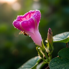 Close-up of a pink and white flower with dewdrops on its petals and leaves, set against a blurred natural background during early morning sunlight