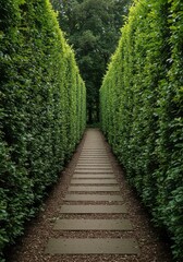A peaceful pathway made of natural stones bordered by tall green manicured hedges on both sides leading into the distance ,corridor, tranquil, lush