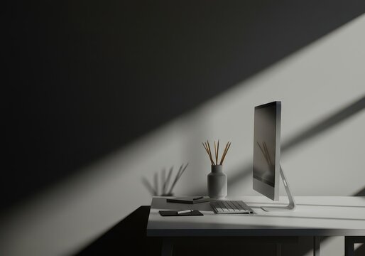 A quiet, minimalist workspace emphasizing deep focus and the generation of novel ideas through necessary solitude and intellectual boundary setting, concentration, freedom, minimalist
