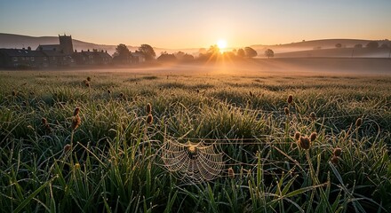 Sunrise over field with grass and spider web church and trees in background