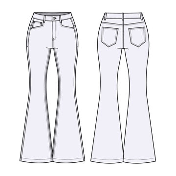 Women's flare leg jeans front and back view mockup template vector design technical illustration.