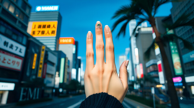 Urban Chic Hand Model Displaying Palm Tree Nail Art in Tokyo Cityscape