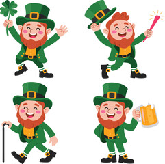 Leprechaun cartoon illustration, St. Patrick’s Day character, festive Irish icon, clover beer cane sparkler, green suit poses, white background