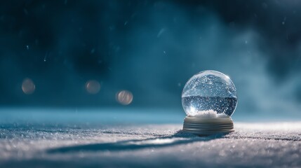 Snow globe on the ground with white powder inside, surrounded by blurry snowflakes, creating a magical winter scene. Captured from a low angle to highlight the snow-covered surface.