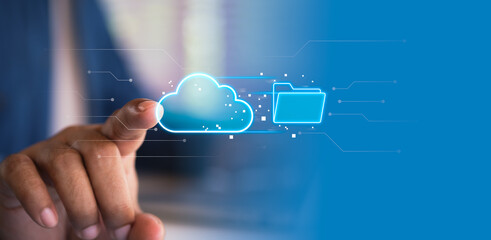 Cloud storage digital folder secure concept, Systematic data storage, access remote backup seamless management, Hand click on digital cloud folder, symbolizing secure online backup, file management