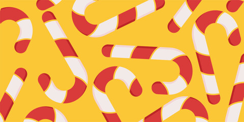 Yellow background with cartoon-style red candy canes. Design for banners, posters, and social media.