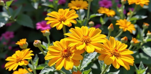 Vibrant yellow Tithonia flowers bloom in bright sunlight, nature's cheerful display, vibrant colors, plant