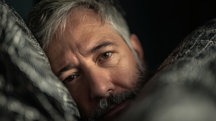 Thoughtful man resting on bed with serious expression and close-up