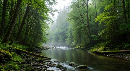 River flowing through a lush green forest peaceful landscape