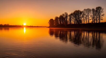 Sunrise over serene lake with trees silhouette reflecting in calm water
