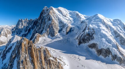 Aerial view of snow-covered Alps with a clear blue sky, showcasing breathtaking natural beauty and majestic mountain peaks.