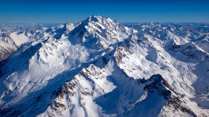 Aerial view of snow-covered Alps with a clear blue sky, showcasing breathtaking natural beauty and majestic mountain peaks.