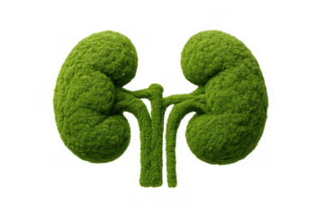 Human kidneys made of green grass on transparent background symbolizing natural health and environmental care