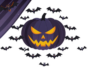  Halloween party background with scary pumpkin face,bats,hanging from top isolated on png or transparent texture,template for poster, brochure, promotion,sale marketing vector 