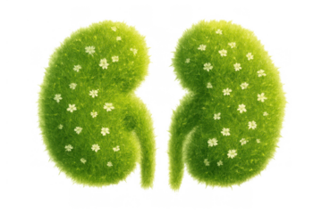 Healthy kidney concept with green grass texture and white flowers representing natural well-being and ecology