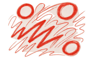Red doodle texture with scribbled lines and organic circles, abstract crayon drawing on transparent background