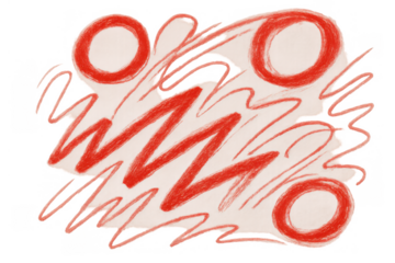 Red doodle texture with scribbled lines and organic circles, abstract crayon drawing on transparent background