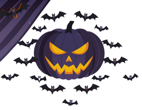  Halloween party background with scary pumpkin face,bats,hanging from top isolated on png or transparent texture,template for poster, brochure, promotion,sale marketing vector 