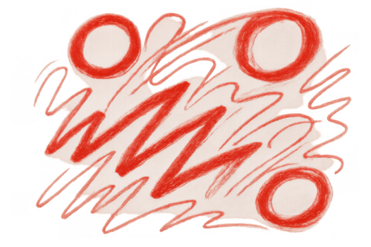 Red doodle texture with scribbled lines and organic circles, abstract crayon drawing on transparent background