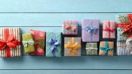 Colorful Wrapped Gifts on Blue Wooden Surface for Celebration