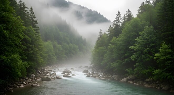 River flowing through a misty mountain valley with lush evergreen trees