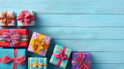 Colorful Gift Boxes Arranged on a Blue Wooden Background